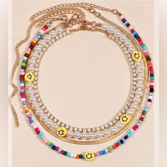 NWT - Multi-layer Smiley Pearl Rainbow Choker Acrylic Colorful Beads 4 Necklaces - Picture 7 of 8
